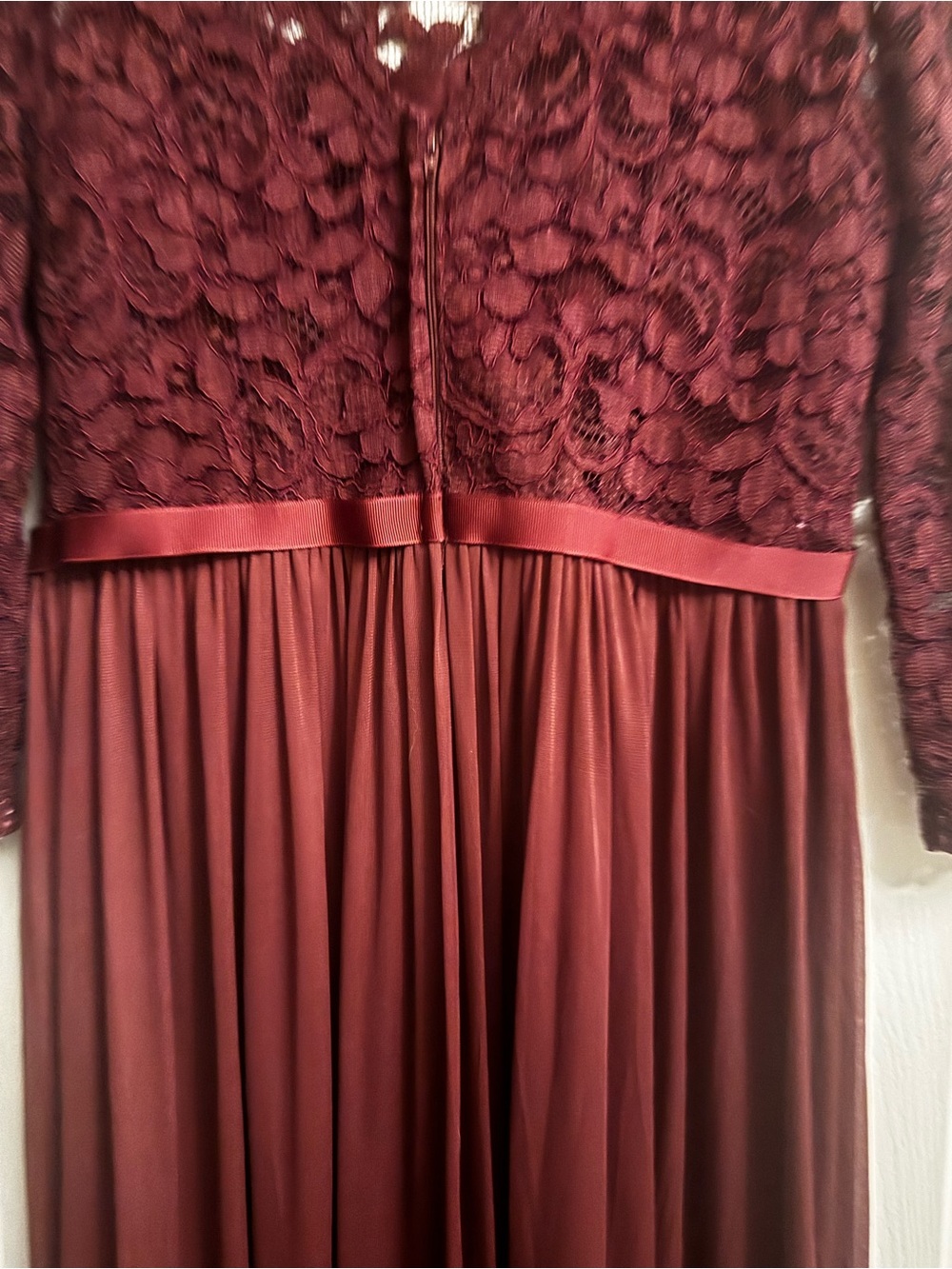 David's Bridal Burgundy Lace & Chiffon Long Sleeve Evening Gown - Picture 5 of 6